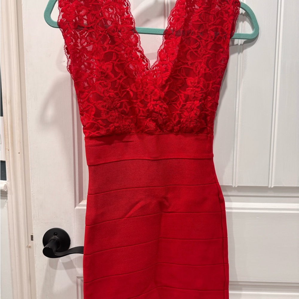 Bebe Red V-Neck Bodycon Dress
